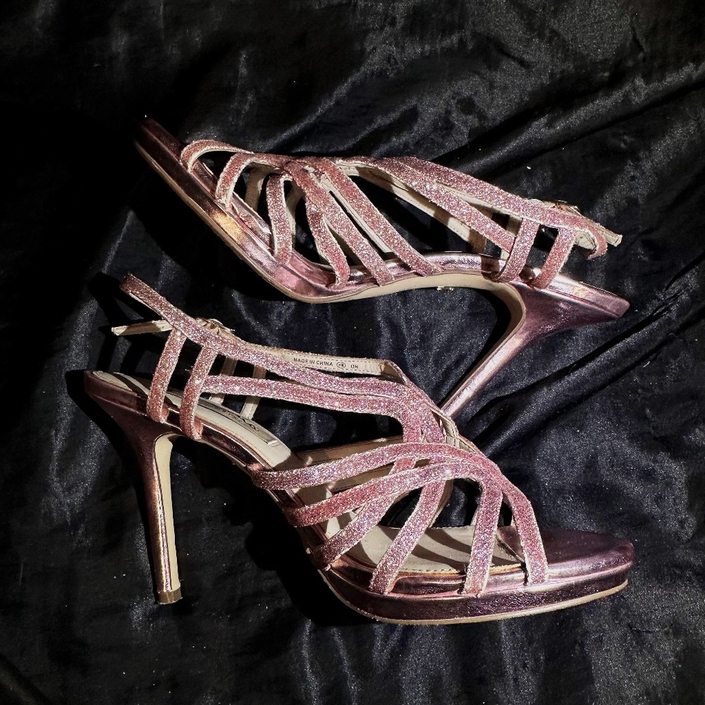 Rose Gold Pink Glitter Sparkly Lace Strappy Dress Heels Size 7.5